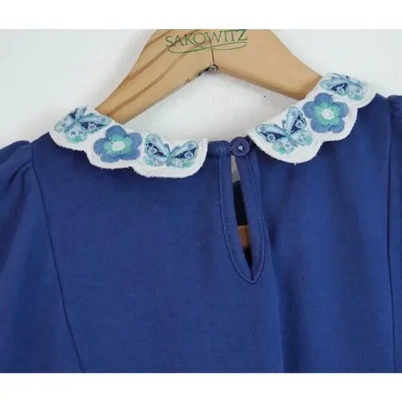 Mini Boden Girls Dress 6 7 Y Blue Cotton Short Sleeve Embroidered Collar Floral - Picture 7 of 7